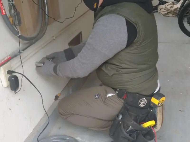 Electrician performing outlet wiring in a Harmony garage